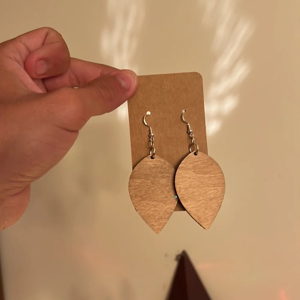 Engraved Wooden Snowflake Earrings Blue Sparkle Winter Artisan Dangle Statement - Picture 10 of 10